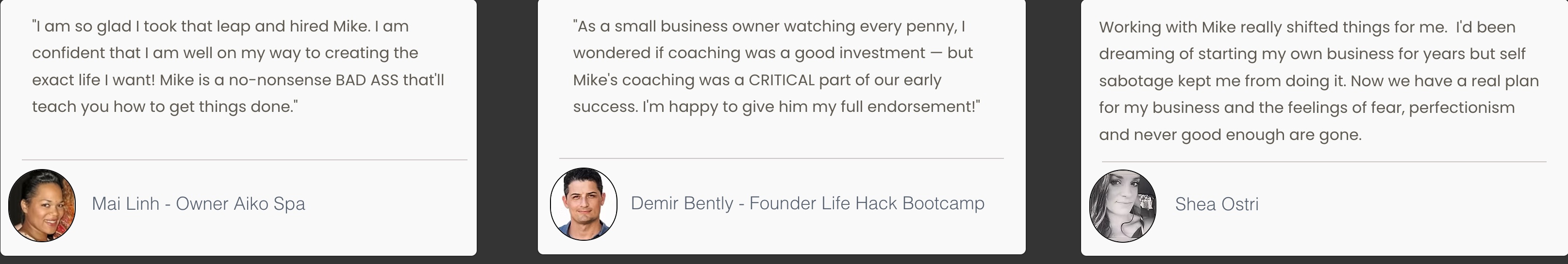 Testimonials from Mai Linh, Demir Bently, and Shea Ostri